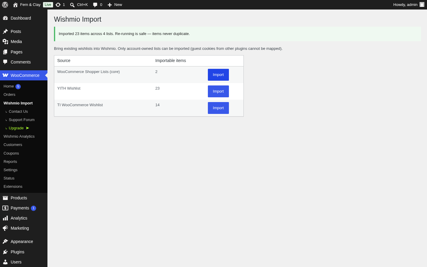 The Wishmio Import screen showing a success notice reporting the imported item and list counts, with a note that re-running is safe and items never duplicate.