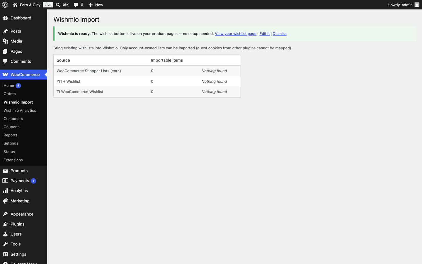 The Wishmio Import admin screen listing core Shopper Lists, YITH, and TI as importable sources.