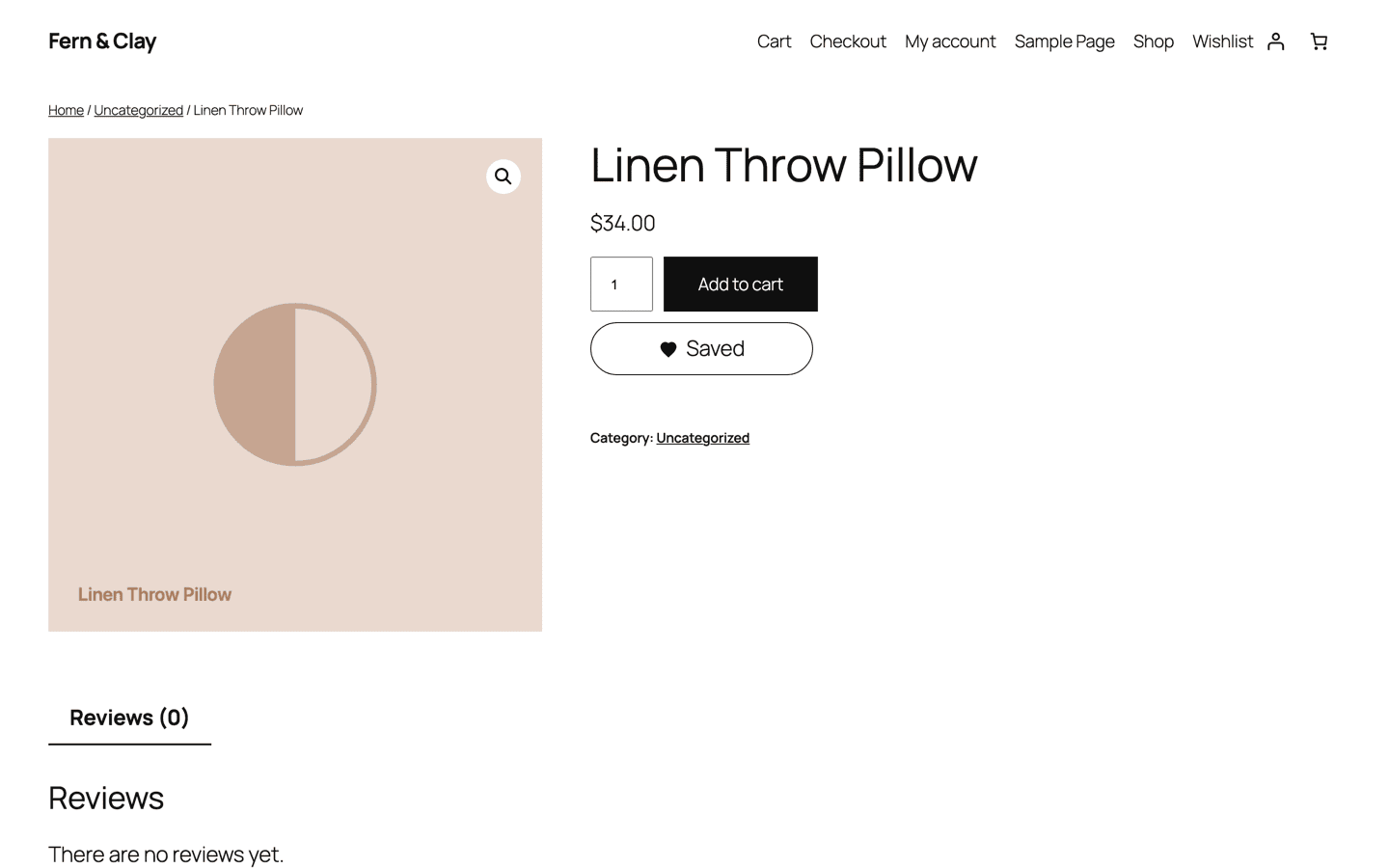 A WooCommerce product page with a heart 'Saved' button under Add to cart — no login prompt.